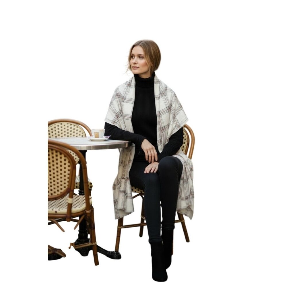 Cejon Heritage Plaid Blanket Scarf/ Wrap, 20”x76”, Ivory
